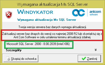 WindykatorSQL - wymagana aktualizacja serwera baz danych